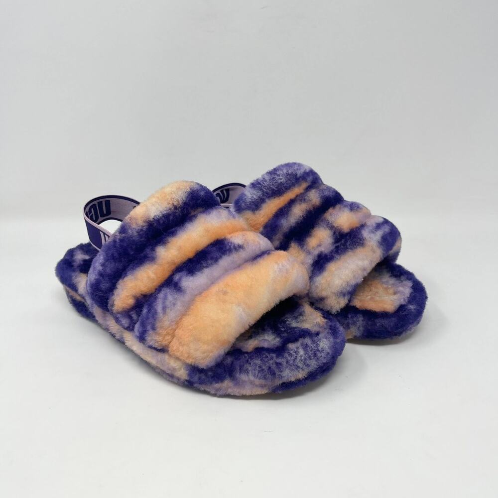 UGG Fluff Yeah Slippers Womens 6 Purple‎ Orange Tie Dye Soft Fuzzy Back Strap